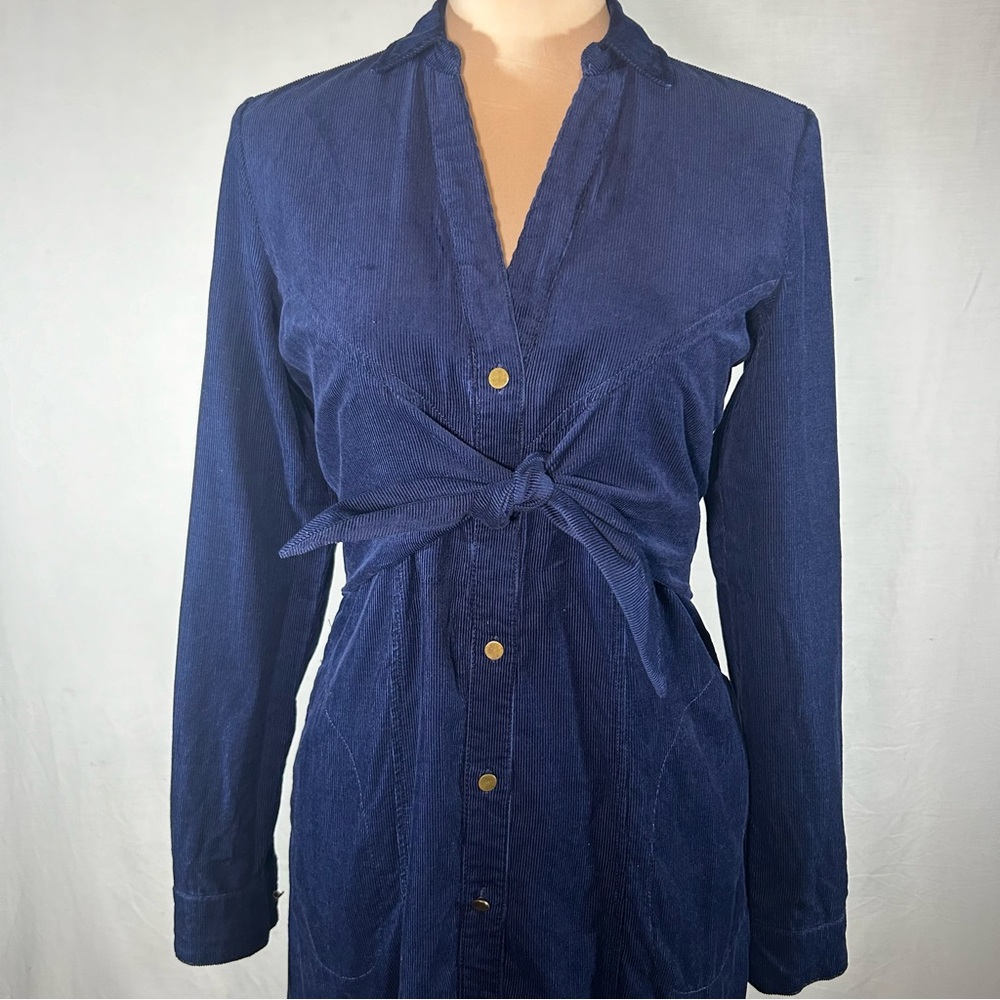 Anthropologie Maeve Blue Long Sleeve Corduroy Winchester Tie Front Dress